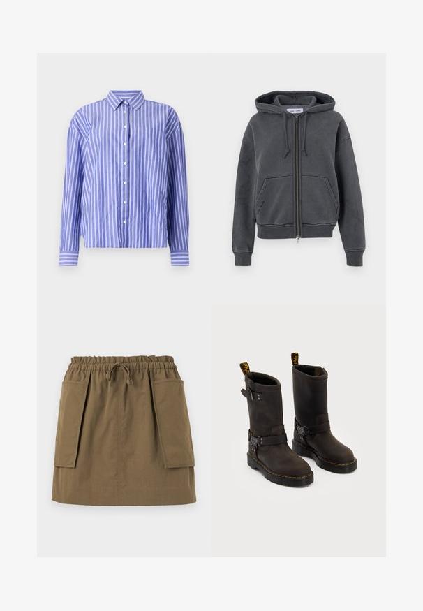 Felpa con zip grigia carbone, realizzata in morbido tessuto con cappuccio regolabile, tasche frontali e polsini e fondo a costine. Design minimalista.; Camicia button-up blu a righe con maniche lunghe, caratterizzata da righe bianche verticali, colletto e taschino sul petto. Tessuto di consistenza liscia.; T-shirt a righe marroni e bianche con maniche corte, scollatura tonda e un piccolo logo sul petto. Realizzato in morbido cotone.; Gonna verde oliva, lunga fino al ginocchio, con una vita elastica, cordoncino e due grandi tasche laterali. Realizzata in tessuto leggero con cuciture visibili.; Stivali in pelle marrone scuro con design a metà polpaccio, cuciture gialle, cinturini con fibbia regolabile e maniglie nella parte superiore. Finitura texture.