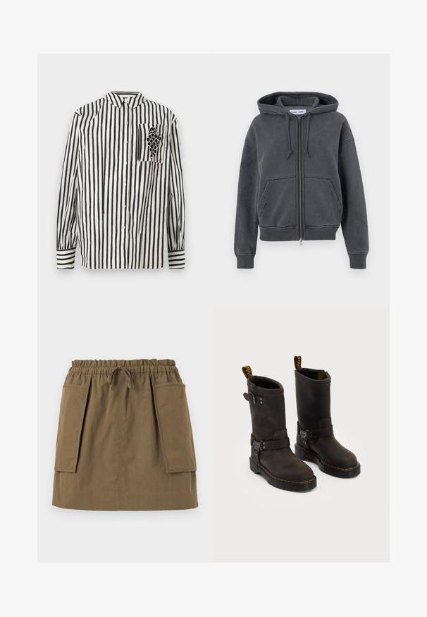 Kulgrå lynlås-hoodie lavet af blødt stof med snoretræk i huen, frontlommer samt ribkant ved ærmerne og nederkanten. Minimalistisk design.; Sort-hvid stribet skjorte med knapkrave, lange ærmer og en venstre brystlomme med et drue-design. Fremstillet af bomuldsstof.; Brun og hvidstribet kortærmet t-shirt med rund halsudskæring og et lille logo på brystet. Fremstillet af blødt bomuldsmateriale.; Oliven grøn, knælang nederdel med elastisk talje, snøre og to store sidelommer. Fremstillet af letvægtsstof med synlige sømme.; Mørkebrune læderstøvler med en midt-lægre design, gule syninger, justerbare spænder og trækflapper på toppen. Struktureret finish.
