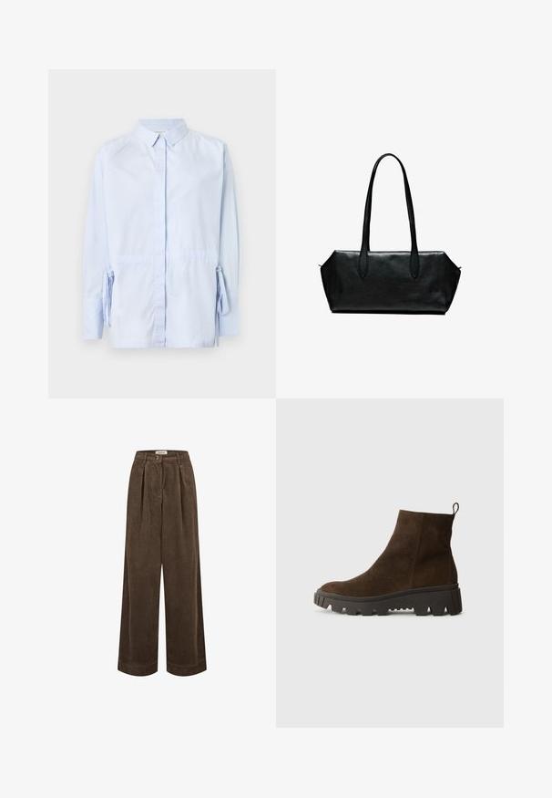 Charcoal gray zip-up hoodie, made of soft fabric with a drawstring hood, front pockets, and ribbed cuffs and hem. Minimalist design.; Light blue button-up shirt made of cotton fabric. Features long sleeves with ties at the wrists and a standard collar. Smooth texture.; Brown corduroy wide-leg trousers feature a high waist, front pleats, and a single button closure. Smooth texture with subtle ridges throughout.; Brown suede ankle boot with a chunky black rubber sole, featuring a slight heel and a pull tab at the back for easy wear.; Black leather handbag with long handles, rectangular shape, smooth texture, and angled sides, featuring a minimalist design and no visible hardware.