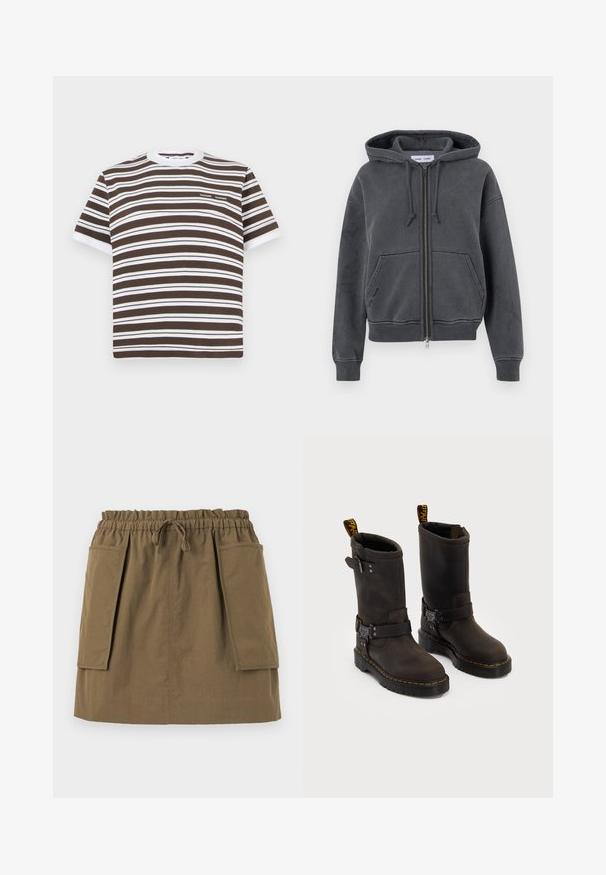 Hanorac cu fermoar de culoare gri cărbune, realizat dintr-un material moale, cu glugă ajustabilă, buzunare frontale și manșete și tiv cu model cordonat. Design minimalist.; Tricou cu mânecă scurtă, în dungi maro și alb, cu guler rotund și un mic logo pe piept. Fabricat din material moale de bumbac.; Cămașă button-up de culoare albastră deschisă cu dungi verticale albe, mâneci lungi, guler și margine rotunjită. Fabricată dintr-un material neted cu o textură bine definită.; Fustă verde măsliniu, lungime până la genunchi, cu talie elastică, șnur și două buzunare laterale mari. Fabricată dintr-un material ușor, cu cusături vizibile.; Bocanci din piele maro închis cu un design până la jumătatea tibiei, cusături galbene, curele cu catarame ajustabile și bucle pentru tragere în partea de sus. Finisaj texturat.