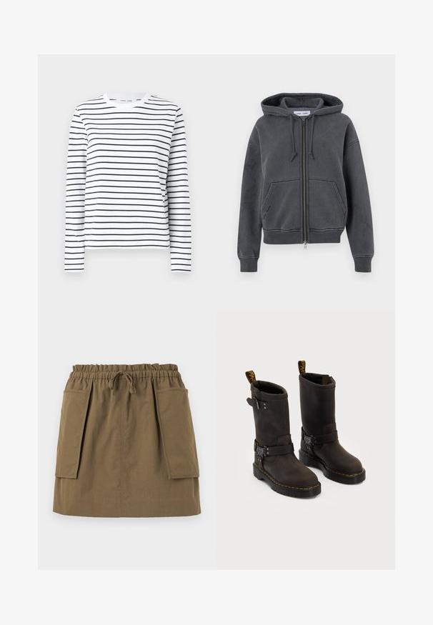 Ogļs foršs kapucis ar rāvējslēdzēju, izgatavots no mīksta auduma ar šņorēm, priekšējiem kabatām un ribotām aprocēm un apakšmalu. Minimalistisks dizains.; Garās piedurknes krekls no baltas kokvilnas ar melnām horizontālām svītrām. Tam ir apaļa kakla izgriezums un brīva piegriezuma siluets. Nav būtisku akcentu vai rakstu.; Gaišzilā pogu krekls ar baltām vertikālām svītrām, garām piedurknēm, apkakli un noapaļotu apakšmalu. Izgatavots no gludas auduma ar asu tekstūru.; Olīvu zaļš, līdz ceļgaliem garš svārki ar elastīgu jostu, saites mehānismu un divām lielām sānu kabatām. Izgatavoti no viegla auduma ar redzamām šuvēm.; Tumši brūni ādas zābaki ar vidukļa dizainu, dzelteni izšuvumi, regulējamas sprādzes un cilpas augšpusē. Strukturēta apdare.