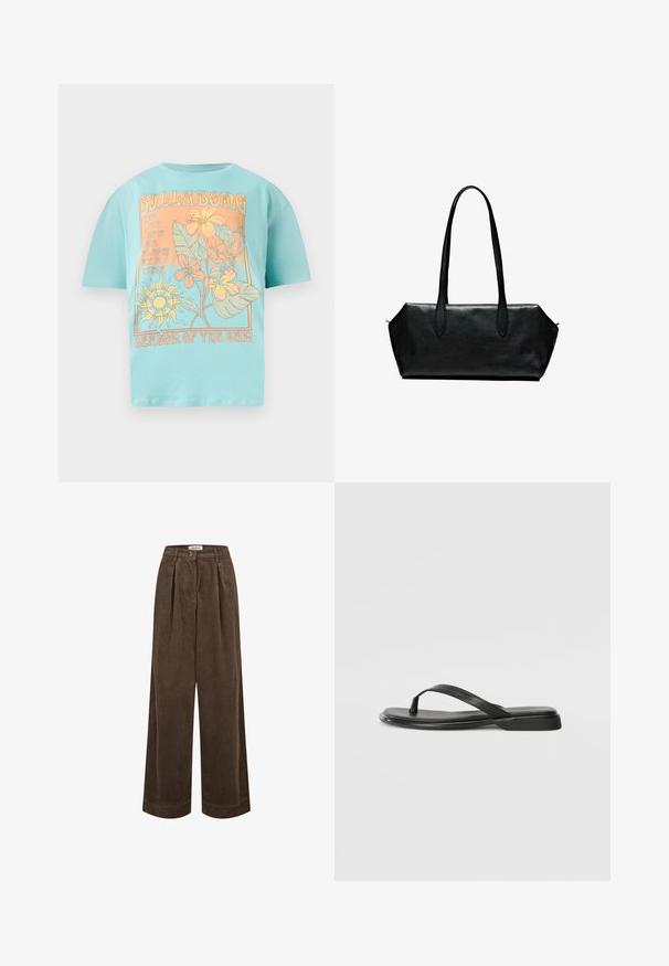 Kapuzenpullover in Anthrazit mit Reißverschluss, aus weichem Stoff gefertigt, mit einer Kordelzug-Haube, Fronttaschen sowie gerippten Bündchen und Saum. Minimalistisches Design.; Türkises Baumwoll-T-Shirt mit lockerer Passform, ausgestattet mit einem floralen und sonnigen Grafikdesign in Orange und Creme, beschriftet mit "Saison der Sonne."; Braune Corduroy-Hosen mit weitem Bein verfügen über eine hohe Taille, vordere Falten und einen einzelnen Knopfverschluss. Glatte Textur mit dezenten Rillen.; Schwarze Flip-Flops aus glattem Leder, mit einem dünnen Riemendesign und einer flachen Sohle mit minimalem Profil. Keine bemerkenswerten Muster oder Akzente.; Schwarze Ledertasche mit langen Griffen, rechteckiger Form, glatter Oberfläche und schrägen Seiten, mit minimalistischer Gestaltung und ohne sichtbare Beschläge.