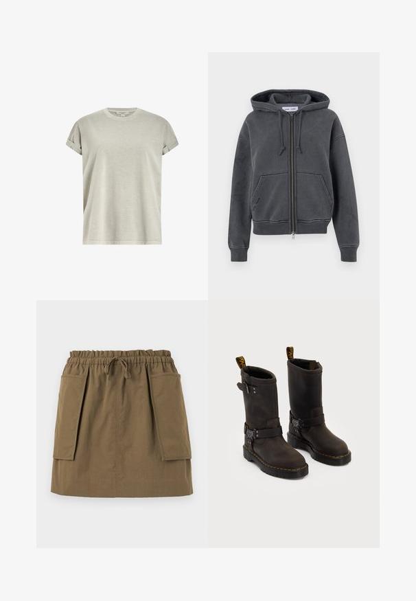 Kreslená šedá zipová mikina s kapucí, vyrobená z měkké látky, s šňůrkou na kapuci, předními kapsami a žebrovanými manžetami a lemem. Minimalistický design.; Světle šedé tričko s krátkým rukávem vyrobené z měkké látky, s kulatým výstřihem a ohrnutými rukávy v uvolněném střihu.; Světle modrá košile na knoflíky s bílými svislými pruhy, dlouhými rukávy, límcem a zaobleným spodním okrajem. Vyrobena z hladké tkaniny s jemnou texturou.; Olivově zelená sukně po kolena s elastickým pasem, šňůrkou a dvěma velkými bočními kapsami. Vyrobena z lehké tkaniny s viditelnými švy.; Tmavě hnědé kožené boty se středně dlouhým designem, žlutým prošíváním, nastavovacími přezkami a poutky na vršku. Texturovaný povrch.