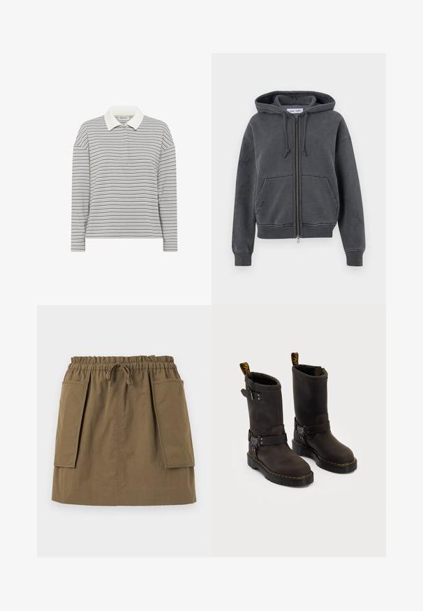 Kapuljača boje ugljena sa patentnim zatvaračem, izrađena od mekanog materijala, s kapuljačom s vezicom, prednjim džepovima i rebrastim manžetama i donjim rubom. Minimalistički dizajn.; My Essential Wardrobe KLARA - Polo majica - peal blue striped; Svijetlo plava košulja s dugim rukavima, bijelim okomitim prugama, ovratnikom i zaobljenim rubom. Izrađena od glatkog materijala s oštrim teksturom.; Maslinasto zelena, suknja do koljena s elastičnom waistband, špagom i dvije velike bočne džepove. Izrađena od lagane tkanine s vidljivim šavovima.; Tamno smeđe kožne čizme srednje visine, sa žutim šavovima, podesivim kopčama i ručicama za povlačenje na vrhu. Teksturirana površina.