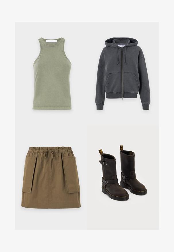 Charcoal gray zip-up hoodie, made of soft fabric with a drawstring hood, front pockets, and ribbed cuffs and hem. Minimalist design.; Olive green tank top made of soft cotton, featuring a round neckline, sleeveless design, and stitched edges. Simple, fitted shape.; Light blue button-up shirt with white vertical stripes, long sleeves, a collar, and a rounded hem. Made of smooth fabric with a crisp texture.; Olive green, knee-length skirt with an elastic waistband, drawstring, and two large side pockets. Made from lightweight fabric with visible seams.; Dark brown leather boots with a mid-calf design, yellow stitching, adjustable buckle straps, and pull tabs on the top. Textured finish.