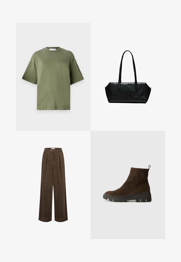 Kulgrå lynlås-hoodie lavet af blødt stof med snoretræk i huen, frontlommer samt ribkant ved ærmerne og nederkanten. Minimalistisk design.; Oliven grøn T-shirt med korte ærmer, lavet af blødt stof med en afslappet pasform, rund halsudskæring og minimalistisk design. Ingen synlige mønstre.; Brune ribbede vide bukser har en høj talje, frontfolder og en enkelt knaplukning. Glat tekstur med subtile riller gennem hele stoffet.; Brun ruskindsankelstøvle med en kraftig sort gummisål, der har en let hæl og en slip-in hækling for nem påklædning.; Sort læderhåndtaske med lange håndtag, rektangulær form, glat tekstur og skrå sider, der har et minimalistisk design uden synligt hardware.