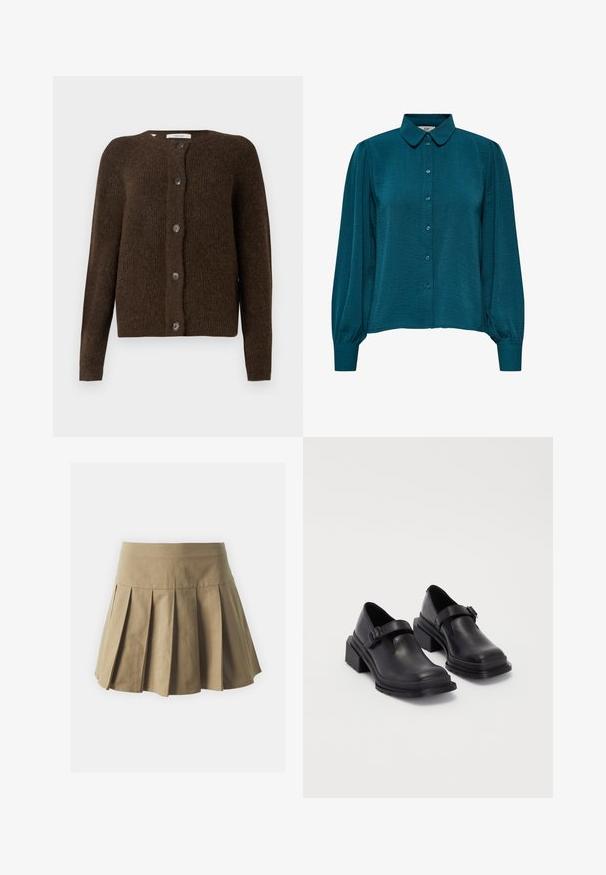 Cardigan tricotat maro, realizat dintr-un material moale, având un guler rotund, butoni frontali și mâneci lungi. Finisaj texturat pe toată suprafața.; Bluză teal cu guler, închidere cu nasturi și mâneci lungi. Fabricată dintr-un material texturat, cu manșete plisate.; Fustă plisată khaki cu talie ajustată, realizată din țesătură de bumbac, cu o textură uniformă și un design scurt, evazat.; Pantofi din piele neagră cu vârf rotunjit, talpă plată și o curea cu detaliu de cataramă. Toc gros pentru o stabilitate suplimentară.