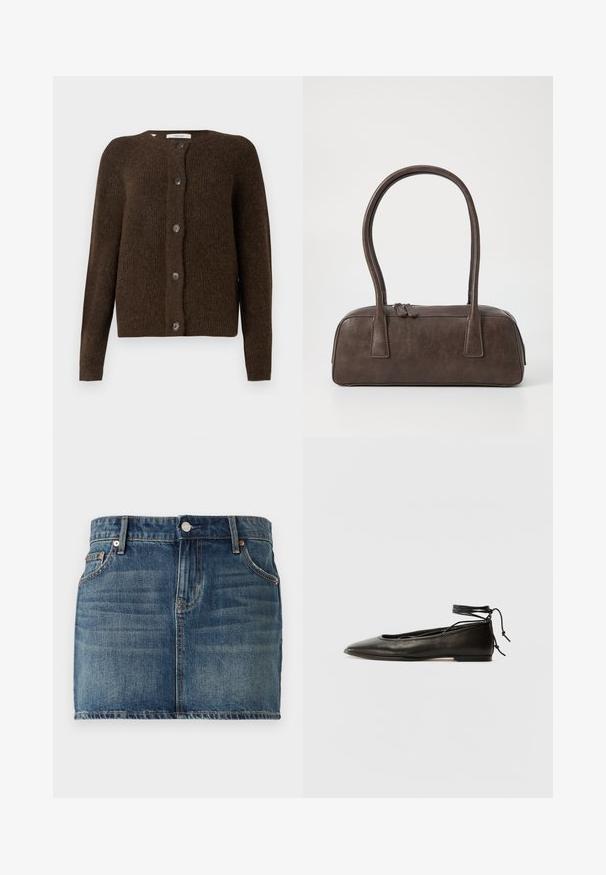 Cardigan tricotat maro, realizat dintr-un material moale, având un guler rotund, butoni frontali și mâneci lungi. Finisaj texturat pe toată suprafața.; Bluză teal cu guler, închidere cu nasturi și mâneci lungi. Fabricată dintr-un material texturat, cu manșete plisate.; Fustă mini din denim de culoare albastră închisă, cu design cu cinci buzunare, închidere cu nasture și accente de cusătură vizibile. Textură netedă cu ușoare estompari.; Balerini din piele neagră, cu vârf ascuțit, șnur pentru glezna și talpă plată, având o textură netedă și un design minimalist.; Geantă de mână din piele maro, cu două mânere rezistente, formă rectangulară, textură netedă și închidere cu fermoar. Design minimalist, fără modele vizibile.