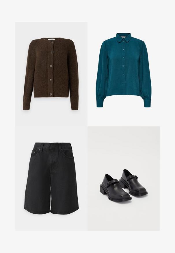 Barna kötött kardigán, puha anyagból készült, kerek nyakkivágással, elülső gombokkal és hosszú ujjakkal. A struktúrált felület jellemzi.; Türkiz blúz, galléros nyakkivágással, gombos elöléttel és hosszú ujjakkal. Texturált anyagból készült, összegyűrt mandzsettákkal.; GAP JORT ALCOTT - Farmer rövidnadrágok - black; Fekete bőr cipők lekerekített orral, lapos talppal és csattal díszített pánttal. Masszív blokk talp a megnövelt stabilitásért.