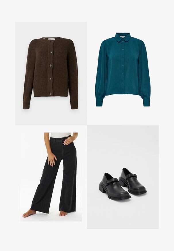 Brauner gestrickter Cardigan aus weichem Material, mit Rundhalsausschnitt, vorderen Knöpfen und langen Ärmeln. Strukturierte Oberfläche im gesamten Design.; Türkise Bluse mit Kragen, knopflosem Vorderteil und langen Ärmeln. Hergestellt aus strukturiertem Stoff mit gerafften Bündchen.; Hoch taillierte schwarze Schlagjeans aus Denim, mit Knopf- und Reißverschluss, rohem Saum und seitlichen Nahttaschen.; Schwarze Lederhalbschuhe mit runder Zehenpartie, flacher Sohle und einem Riemen mit Schnallen-Detail. Robuster Blockabsatz für zusätzliche Stabilität.