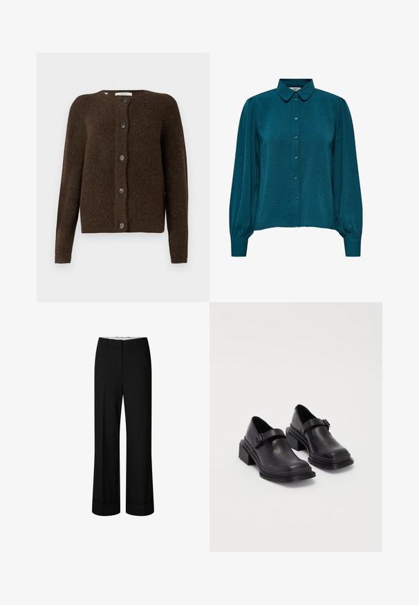 Pruunist pehmest materjalist kootud kardigan, millel on ümmargune kaelus, ees nuppe ja pikad varrukad. Tekstuuriline viimistlus kogu ulatuses.; Sinine pluus, millel on krae, nupud ees ja pikad varrukad. Valmistatud tekstuursetest kangast, millel on kokku tõmmatud mansetid.; Mustad laiad püksid, mis on valmistatud siledast kangast, õmmeldud vöökoht ja teravad voldid. Paelad on korralikult volditud, nähtava riistvara puudumisega.; Mustad mustad jalanõud ümmarguse varbaga, tasase tallaga ja kinnitusega rihmaga, millel on pandla detail. Suure plokknina, mis tagab lisastabiilsuse.
