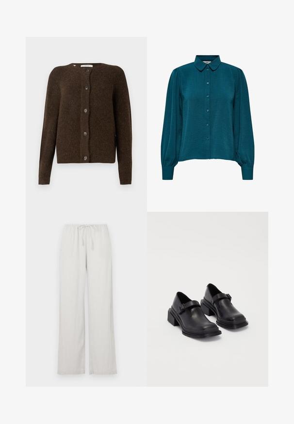 Brauner gestrickter Cardigan aus weichem Material, mit Rundhalsausschnitt, vorderen Knöpfen und langen Ärmeln. Strukturierte Oberfläche im gesamten Design.; Türkise Bluse mit Kragen, knopflosem Vorderteil und langen Ärmeln. Hergestellt aus strukturiertem Stoff mit gerafften Bündchen.; Helle graue, weit geschnittene Hose aus weichem Stoff, mit einem elastischen Bund und Kordelzug sowie zwei Seitentaschen.; Schwarze Lederhalbschuhe mit runder Zehenpartie, flacher Sohle und einem Riemen mit Schnallen-Detail. Robuster Blockabsatz für zusätzliche Stabilität.