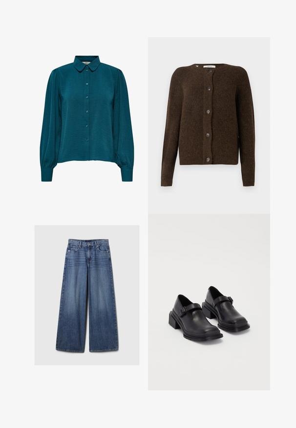 Cardigã castanho tricotado, feito de material suave, com um decote redondo, botões à frente e mangas longas. Acabamento texturizado por toda a peça.; Blusa verde-água com decote de colarinho, frente com botões e mangas longas. Feita de tecido texturizado com punhos franzidos.; Calças de ganga azul de perna larga com um acabamento desbotado, apresentando um fecho de botão e zipper, cinco bolsos e passantes para cinto.; Sapatos de couro pretos com um bico redondo, sola plana e uma fita com detalhe de fivela. Salto bloco robusto para maior estabilidade.