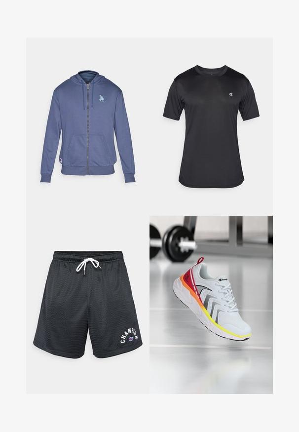 Σκούφος φούτερ ζιπ με navy χρώμα, φτιαγμένος από μαλακό ύφασμα, με κουκούλα, μπροστινές τσέπες καγκουρό και ένα ανοιχτό μπλε λογότυπο "LA" στο αριστερό στήθος.; Μαύρο κοντομάνικο αθλητικό μπλουζάκι από δομημένο, αναπνεύσιμο ύφασμα; διαθέτει στρογγυλή λαιμόκοψη και λογότυπο στην αριστερή πλευρά του στήθους.; Μαύρες κοντές μπαίλας με κορδόνι στη μέση, που διαθέτουν λευκό λογότυπο "Champion" στην αριστερή πλευρά σε σχεδίαση τόξου. Υφή στην επιφάνεια.; Λευκό αθλητικό παπούτσι με άνω μέρος από διχτυωτό υλικό, πολύχρωμες λεπτομέρειες σε κόκκινο, πορτοκαλί και κίτρινο, με υφή στη σόλα και μαύρες λεπτομέρειες.