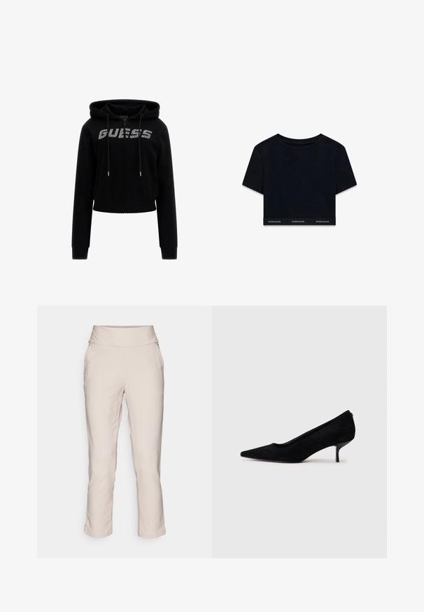 Czarny skrócony hoodie z zamkiem z przodu, wyposażony w kaptur, sznurki i logo "GUESS" wysadzone rhinestonami na piersi.; Czarna krótka koszulka z miękkiego materiału, z krótkimi rękawami i okrągłym dekoltem. Posiada markowy pasek na dole z napisem "GUESS JEANS" w białym kolorze.; Jasnobeżowe spodnie zwężające się ku dołowi z szerokim pasem, miękką fakturą, bocznymi kieszeniami i podwinięciami u dołu. Odpowiednie na co dzień lub na półformalne okazje.; Czarny zamszowy but na wysokim obcasie z wydłużonym noskiem i smukłym, niskim obcasem. Gładka tekstura z eleganckim wzornictwem, bez widocznych elementów metalowych.