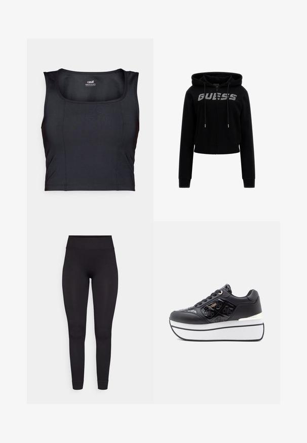 Hanorac scurt negru cu fermoar în față, având glugă, șnururi și un logo "GUESS" din strasuri brodat pe piept.; Top sportiv negru, dintr-un material neted, cu guler rotund, fără mâneci și detalii de cusătură subtile.; Leggings negre cu nervuri, cu talie înaltă, dintr-un material elastic și design fixat, care se subțiază la glezne, fără modele sau accente suplimentare.; Sneakers platform negre cu un finisaj lucios, model cu craniu embosat, accente de hardware argintie și talpă din cauciuc alb.