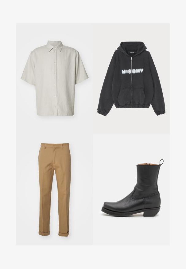 Hanorac negru cu fermoar în față, cu manșete și tiv cu nervuri. Prezintă inscripția "MISBHV" tipărită cu litere albe în stil graffiti pe piept.; Cămașă cu mânecă scurtă, cu guler, de culoare bej deschis, cu o textură ribbed subtilă, având cinci butoane pe față și un croi lejer.; Pantaloni din bumbac maron cu croi drept, având o margine ruttată, două buzunare frontale și o textură netedă.; Botină neagră din piele cu o textură netedă, profil subțire, cusături laterale și toc pătrat mic. Are o buclă de prindere în partea din spate.