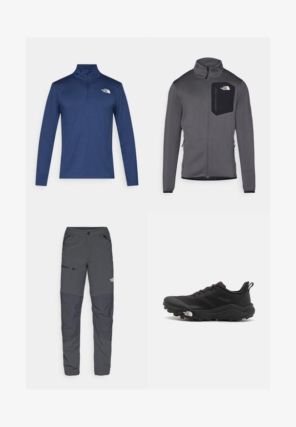 Szürke bolyhos dzseki magas gallérral, cipzáros elülső résszel és fekete mellzsebbel. Rugalmas mandzsettákkal és oldalsó cipzárakkal rendelkezik a beállíthatóság érdekében.; Sötétkék hosszú ujjú pulóver fél zippel és kis fehér logóval a mellkasán. Puha anyag, sima textúrával, aktív viselethez tervezve.; Szürke kültéri nadrág sima textúrával, oldalzsebében cipzárral, megerősített térdszakaszokkal és diszkrét logóval.; Fekete terepfutó cipő, textúrált felső résszel, gumitalppal és megerősített lábujjrészével. Párnázott bokarésszel és húzófüllel rendelkezik a könnyű felhúzáshoz.