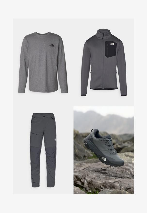 Pilkos vilnos džemperis su aukštu apykakliu, užtrauktuko priekyje ir juoda krūtine kišene. Yra elastingos rankovės ir šoninės užtrauktukos, leidžiančios reguliuoti dydį.; The North Face M L/S SIMPLE DOME TEE - Ilgarankovis viršutinės dalies drabužis - medium grey heather; Pilki lauko kelnės su lygiu tekstūru, turinčios šoninį kišenę su užtrauktuku, sustiprintus kelių skyrius ir subtilią logotipo detalę.; Pilkas bėgimo batelis su tekstūruota viršutine dalimi, tvirtu guminio pado ir sustiprinta nosimi. Turi raištelius ir prekės ženklo logotipą šone.