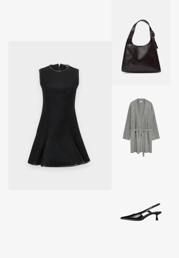 Šedý pletený kardigan s páskem v pase, otevřeným předním dílem a dlouhými rukávy. Měkká textura, žebrované manžety a žádné viditelné zapínání.; Černé bezrukávové šaty s rozšířenou suknią, texturovaná látka, zakřivené švy a zipový uzávěr na zadní straně. Doplněné černým lemem.; Černé lakované lodičky na podpatku se špičatou špičkou, výřezovým designem na boku a malým čtvercovým podpatkem. Hladká textura s minimálními akcenty.; Hnědá kožená taška přes rameno s hladkou texturou, zaobleným tvarem, širokým popruhem a kulatým kovovým akcentem na rukojeti.