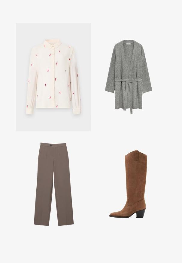 Grå, stickad cardigan med bältesmidja, öppen front och långa ärmar. Mjuk textur, ribbade ärmslut och inga synliga knäppningar.; Ljusbeige långärmad skjorta med knapp-ner krage, prydd med röda fågelbroderier över hela skjortan samt knäppningar fram och vid ärmsluten.; Bruna vida byxor med en slät textur, som har framfickor, knäppning med knapp och en skräddarsydd design.; Brun mocka knähög stövel med spetsig tå, sned klack och dekorativ stitching på skaftet. Slät textur och avsmalnande design.