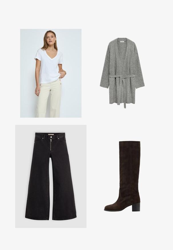 Gray, knitted cardigan with a belted waist, open front, and long sleeves. Soft texture, ribbed cuffs, and no visible fasteners.; Desires DEDANNON TEE - Basic T-shirt - white; Wide-leg jeans in black denim with a zippered front, five-pocket design, and subtle stitching details. Smooth texture and casual style.; Brown suede knee-high boot with a square toe and block heel. Smooth texture and minimal stitching detail on the outer side.