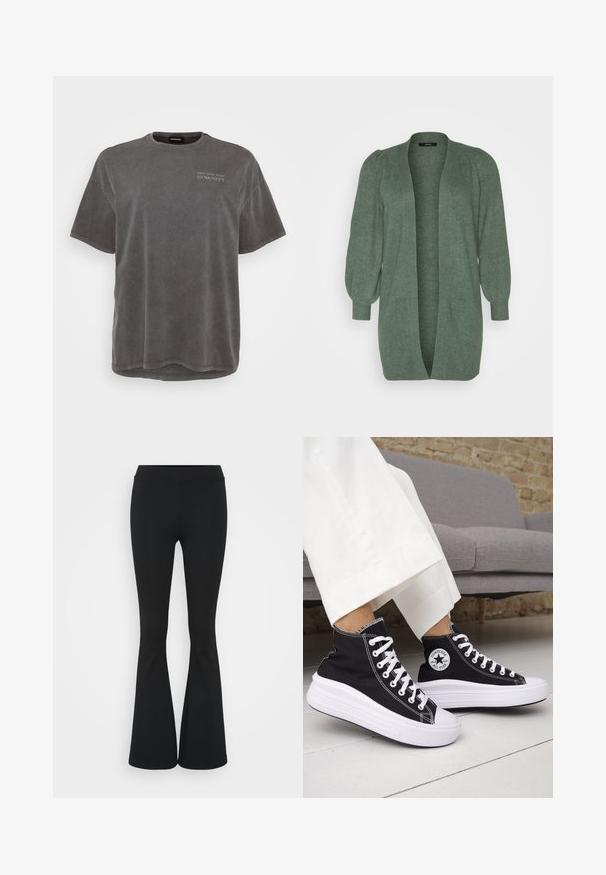 Vero Moda Curve VMRUBELLEFILE LONG CARDIGAN - Vesta na kopčanje - laurel wreath melange; Siva pamučna majica kratkih rukava, s okruglim izrezom i blago produženom stražnjom stranom. Ima mali tiskani natpis sprijeda.; Crne trapezaste hlače od rastezljivog materijala, sa visokim pojasom i glatkom teksturom. Hlače se šire od koljena.; Crne tenisice visoke košarke s bijelim gumenim potplatom i vezicama. Imaju okruglu logotipsku zakrpu i kontrastni bijeli šav. Materijal od platna.