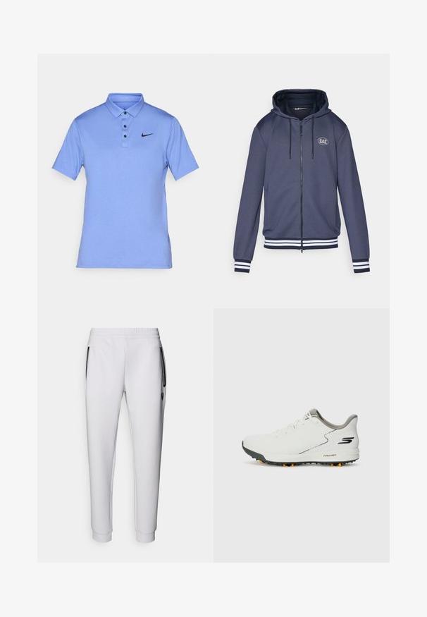 Granatowa bluza z zamkiem błyskawicznym, wykonana z teksturowanej tkaniny, z kapturem ze sznurkiem, białymi paskami na mankietach i dolnym wykończeniu oraz okrągłym logo na klatce piersiowej.; Jasnoniebieska koszulka polo, wykonana z gładkiego materiału, z kołnierzykiem typu zakończonym na ostro, trzema guzikami oraz małym czarnym logo Nike na lewej piersi.; Białe dresy ze elastyczną talią, dwiema bocznymi kieszeniami, czarnymi zamkami błyskawicznymi oraz ściągaczami przy kostkach. Gładka faktura.; Białe buty sportowe z gładką cholewką, szarymi akcentami i teksturowaną czarną podeszwą z pomarańczowymi kolcami. Lekka konstrukcja skoncentrowana na komforcie.