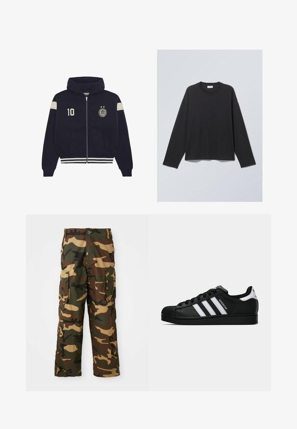 Tumši zils kapuces jaka ar rāvējslēdzēju, baltas svītras uz piedurknēm un apakšmalas, "10" uzlīme kreisajā krūtī un apļveida emblēma ar divām zvaigznēm labajā krūtī.; Melns garām piedurknēm T-krekls, kas izgatavots no mīkstas auduma. Iezīmes - apaļa apkakle un brīva piegriezuma. Šuves uz pleciem, minimālisma dizains.; Kameru krāsas bikses, zaļas, brūnas un bēšas. Satur divas lielas sānu kabatas un pogu aizdari. Izgatavotas no teksturēta auduma.; Melnas Adidas Superstar kedas ar baltām svītrām, čaulas purngalu un uzrakstu "Superstar" sānos, parādītas sānskatā uz baltā fona.