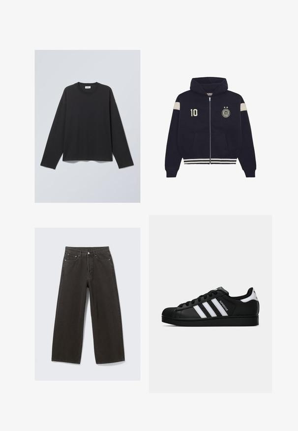 Mornarice plavi dukserica na zipper s kapuljačom, bijele pruge na rukavima i donjem rubu, zakrpa "10" na lijevoj strani prsnog koša i okrugli emblem s dvije zvijezde na desnoj strani prsnog koša.; Crna majica dugih rukava izrađena od mekog materijala. Ima okrugli izrez i opušteni kroj. Šavovi na ramenima, minimalistički dizajn.; Široke crne traperice imaju visok struk, dizajn s pet džepova i zatvaranje na dugme. Tkanina ima mekan, teksturiran završetak.; Crne Adidas Superstar tenisice s bijelim prugama, konusom na vrhu i natpisom "Superstar" sa strane, prikazane u bočnom profilu na bijeloj pozadini.