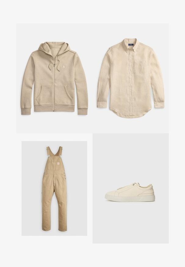 Béžová mikina na zip z měkké látky, vybavená kapucí se stažením, předními kapsami a malým logem na levé straně hrudi.; Béžová košile s dlouhými rukávy na knoflíky s bílými svislými pruhy, límcem na knoflíky, kapsou na prsou a štítkem "Polo Ralph Lauren" uvnitř límce.; Bežové bavlněné kšiloty s nastavitelnými popruhy, kovovými prvky, přední kapsou a zesíleným švem. Hladká textura s uvolněným střihem.; Krémové kožené tenisky s kulatou špičkou, minimalistickým designem, jemnými švy a texturovaným svrškem, na světlé podrážce.