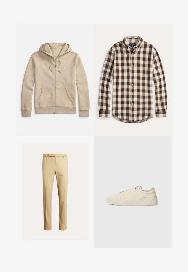 Sweatshirt bege com fecho de correr, confeccionada em tecido macio, com capuz ajustável por cordão, bolsos frontais e um pequeno logótipo no peito esquerdo.; Camisa de manga comprida com padrão xadrez castanho e creme, gola fechada com botões e logotipo subtil bordado no peito.; Chinos caqui feitos de um tecido de algodão suave, com um design ajustado, pregas frontais e punhos no tornozelo para um visual afinado.; Sneakers de pele bege com biqueira arredondada, design minimalista, detalhes de costura subtis e parte superior texturizada, em sola clara.