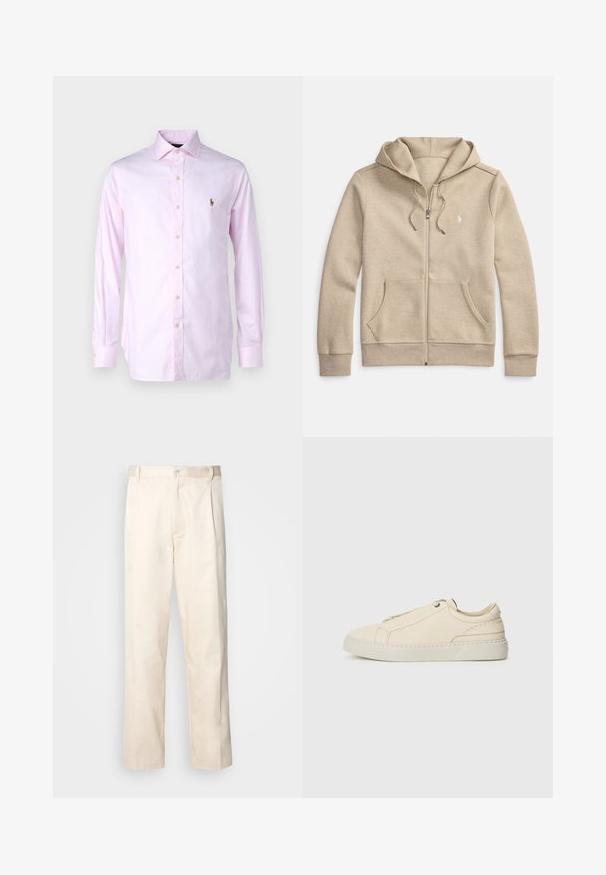 Bézs zipzáras kapucnis pulóver puha anyagból, húzózsinóros kapucnival, elülső zsebekkel és apró logóval a bal mellrészen.; Polo Ralph Lauren Alkalmi ing - pink/white; Beige pamut nadrág egyenes szárú kivágással, gombos záródással és elülső redőkkel a részletek fokozása érdekében.; Beige bőr sneaker, lekerekített orral, minimalista dizájnal, finom varrási részletekkel és texturált felsőrésszel, világos talpon.