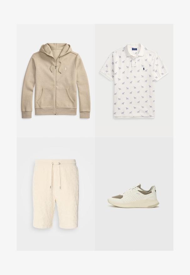 Beige zip-up hoodie gemaakt van zachte stof, voorzien van een capuchon met trekkoord, voorkantzakken en een klein logo op de linkerborst.; Witte polo gemaakt van katoen, met een herhaald blauw hondenpatroon en een klein blauw logo op de borst. Korte mouwen en kraag.; Crème kleurige shorts van textuurstof met een trekkoord in de taille en zijzakken, met een ontwerp dat tot halverwege de dij komt.; Witte en lichtbeige sport sneaker, met een bovenwerk van mesh, geperforeerde details en een gestructureerde tussenzool met branding op de hiel.