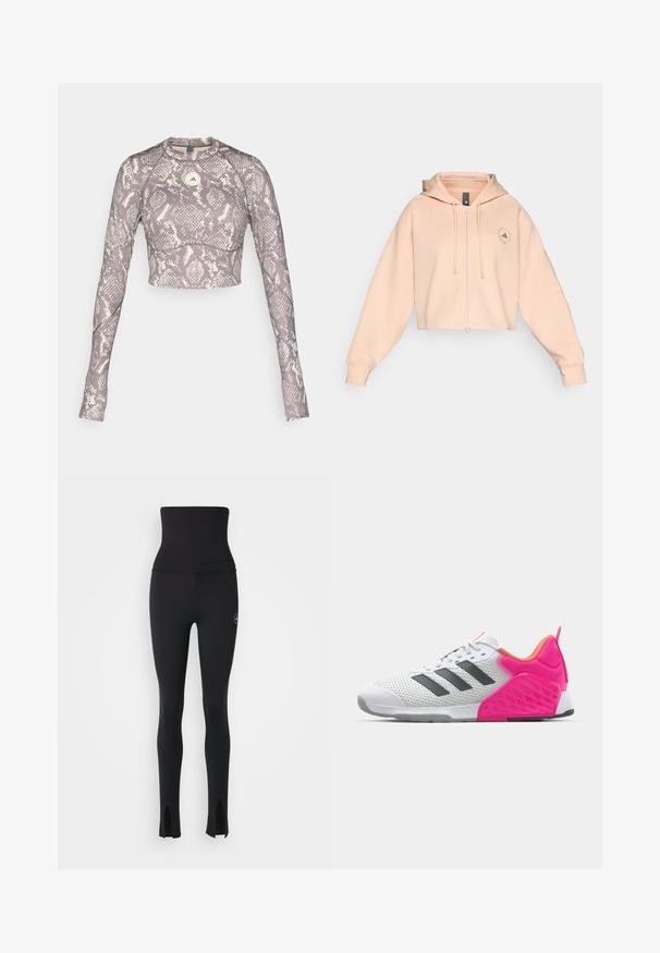 Κοντομάνικη ροζ φούτερ με τριμμένη μανίκια, μπροστινό φερμουάρ, κορδόνια και κυκλικό λογότυπο στο αριστερό στήθος, με μαλακή υφή και άνετη εφαρμογή.; Κομμένο μακρυμάνικο τοπ σε μοτίβο φιδιού σε μωβ και κρέμα, με στρογγυλή λαιμόκοψη και απαλό ελαστικό υλικό.; adidas by Stella McCartney Κολάν - black; Λευκό αθλητικό παπούτσι με γκρι ρίγες, επάνω μέρος από δίχτυ και ροζ φτέρνα και λεπτομέρειες. Διαθέτει υφασμάτινη φτέρνα και καουτσούκ σόλα. Σχοινιά και επενδεδυμένος λαιμός.