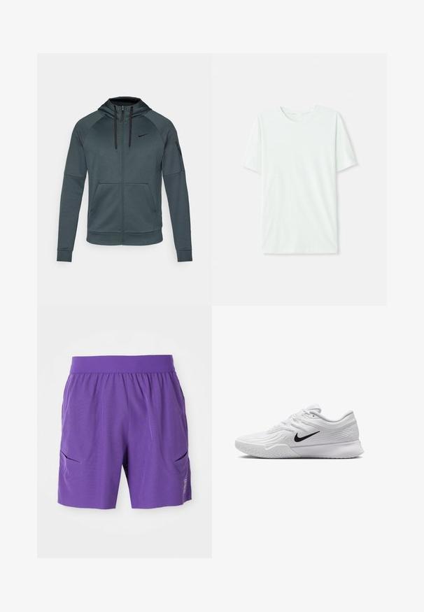 Ciemnozielona zapinana na zamek bluza z dopasowanym krojem, z wysokim kołnierzem, dwoma przednimi kieszeniami oraz kieszenią boczną na zamek. Akcent w czarnym kolorze.; Jasno miętowa koszulka z krótkim rękawem, wykonana z miękkiego materiału. Posiada okrągły dekolt oraz prosty krój bez zdobień.; Fioletowe spodenki sportowe z elastycznym pasem, dwiema bocznymi kieszeniami i gładką teksturą. Prosty design z logo na dolnej części przodu.; Białe buty sportowe z teksturowaną siateczkową cholewką, czarnym logo Nike, wyściełanym kołnierzem oraz gumową podeszwą z bieżnikiem.