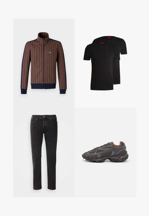 Giacca marrone con zip caratterizzata da un motivo geometrico, strisce laterali blu navy, colletto alto e un piccolo logo verde sul petto.; Due magliette di cotone nere con maniche corte e scollo rotondo. Entrambe presentano un'etichetta rossa del marchio sul collo. Design semplice e classico.; Scotch & Soda CORE THE ZEE - Jeans a sigaretta - city black; Sneaker Lacoste grigie scure in materiale mesh e sintetico, con suola testurizzata e dettagli marroni sul colletto e sul branding.