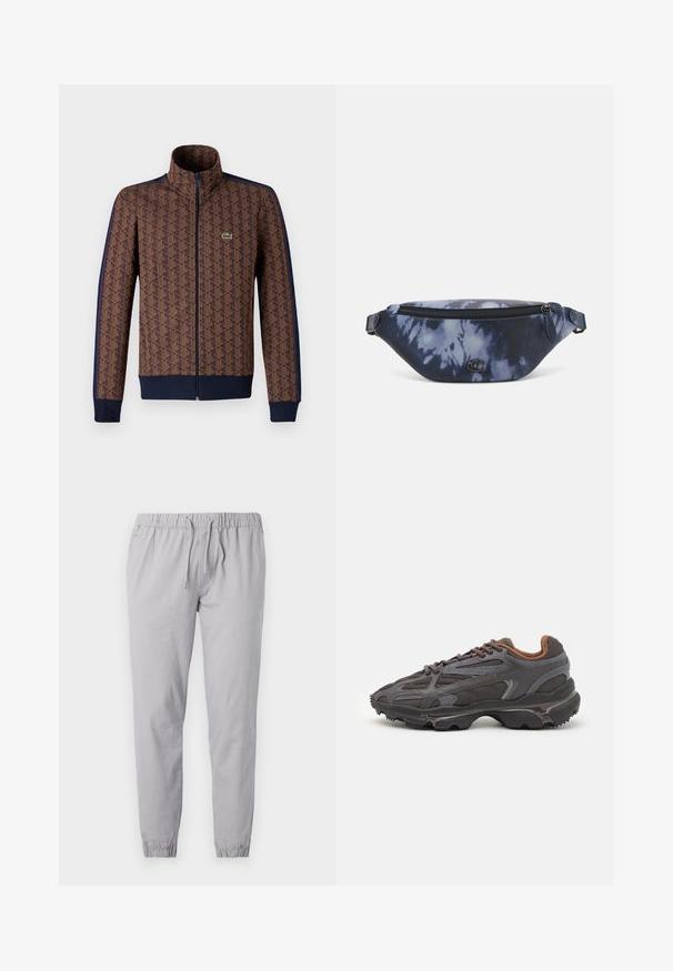 Braune Zip-Jacke mit geometrischem Muster, marineblauen Seitenstreifen, hohem Kragen und kleinem grünen Logo auf der Brust.; Zwei schwarze Baumwoll-T-Shirts mit kurzen Ärmeln und Rundhalsausschnitten. Beide haben ein rotes Markenlabel am Hals. Einfaches, klassisches Design.; Helle graue Jogginghose aus weichem Stoff, mit einem elastischen Bund und einem Kordelzug sowie schmal zulaufenden Bündchen mit Gathered Finish.; Lacoste Sneaker in Dunkelgrau aus Mesh und Synthetikmaterial, mit einer strukturierten Sohle und braunen Akzenten am Kragen und Logo.; Bauchtasche im dunkelblauen Batikdruck mit einem Reißverschluss oben, strukturiertem Material und einem auffälligen Logodetail auf der Vorderseite.