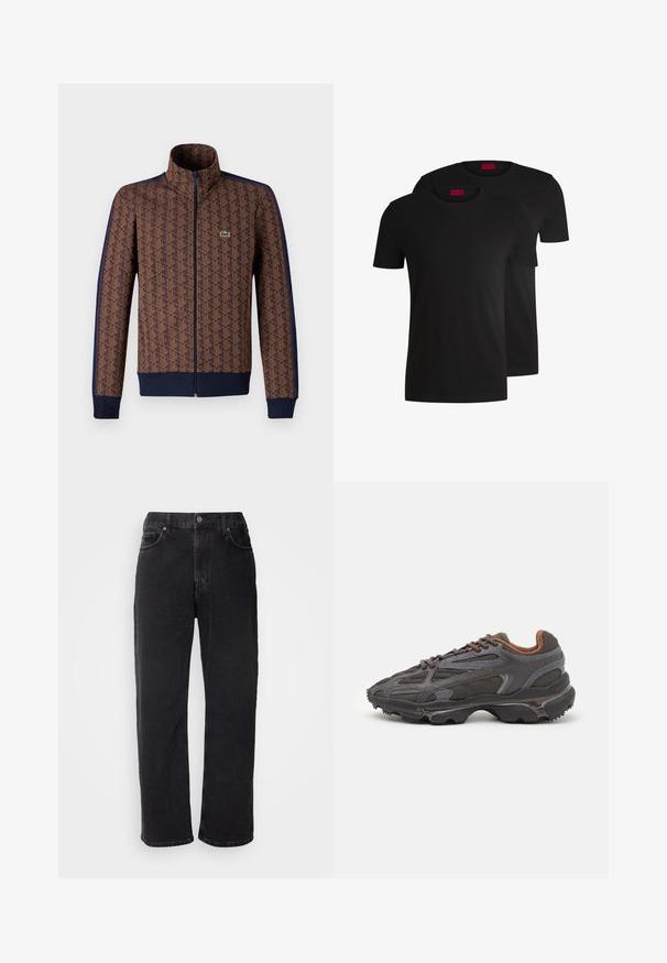 Barna zippzáras dzseki geometrikus mintával, sötétkék oldalsávokkal, magas gallérral és egy kis zöld logóval a mellkason.; Két fekete pamut póló rövid ujjakkal és kerek nyakkivágással. Mindkettőn piros márkacímke található a nyakrészen. Egyszerű, klasszikus dizájn.; Fekete farmernadrág egyenes szabással, öt zsebbel és kontrasztos varrással. Gombos záródással és övbújtatókkal a derékrészen.; Sötét szürke Lacoste sportcipők hálós és szintetikus anyagból, textúrázott talppal és barna díszítésekkel a nyak részen és a logón.