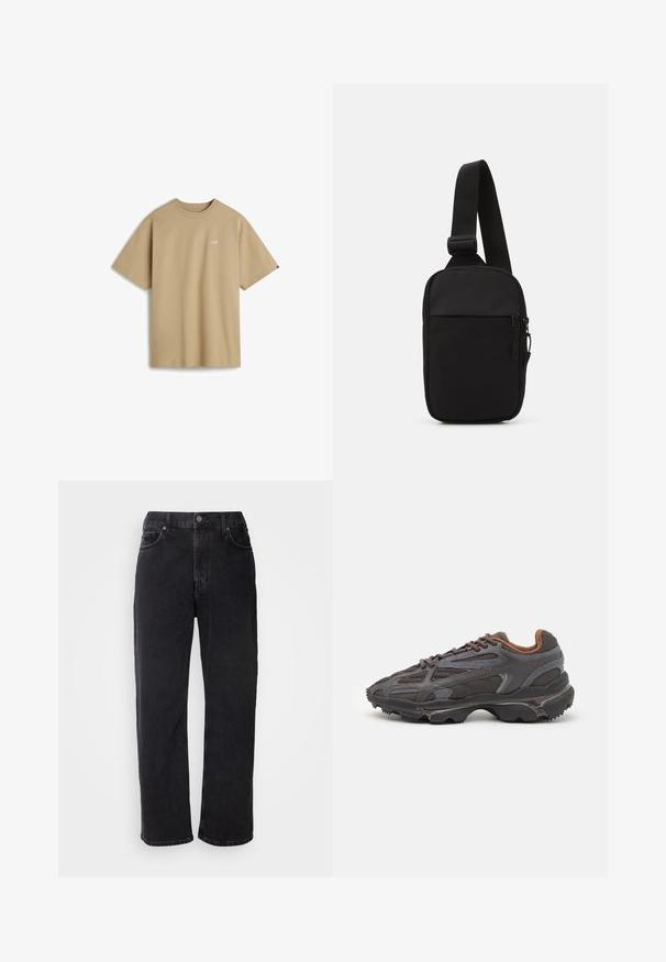 Brown zip-up jacket featuring a geometric pattern, navy blue side stripes, high collar, and a small green logo on the chest.; Beige short-sleeve t-shirt made of cotton, featuring a small white logo on the left chest and a round neck. Simple and unadorned design.; Black denim jeans with a straight cut, five pockets, and contrasting stitching. Features a button closure and belt loops on the waistband.; Lacoste sneakers in dark gray with mesh and synthetic material, featuring a textured sole and brown accents on the collar and branding.; Black crossbody bag made of durable fabric, featuring a single adjustable strap, a zippered main compartment, and a front pocket.