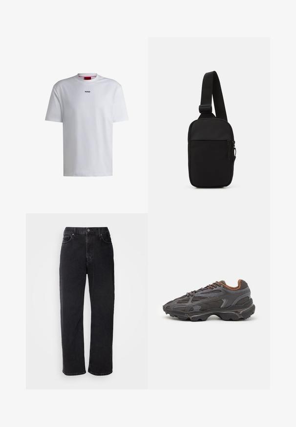 Brown zip-up jacket featuring a geometric pattern, navy blue side stripes, high collar, and a small green logo on the chest.; White cotton t-shirt with short sleeves, round neckline, and a black "HUGO" logo on the chest. Smooth texture, casual fit, no patterns.; Black denim jeans with a straight cut, five pockets, and contrasting stitching. Features a button closure and belt loops on the waistband.; Lacoste sneakers in dark gray with mesh and synthetic material, featuring a textured sole and brown accents on the collar and branding.; Black crossbody bag made of durable fabric, featuring a single adjustable strap, a zippered main compartment, and a front pocket.