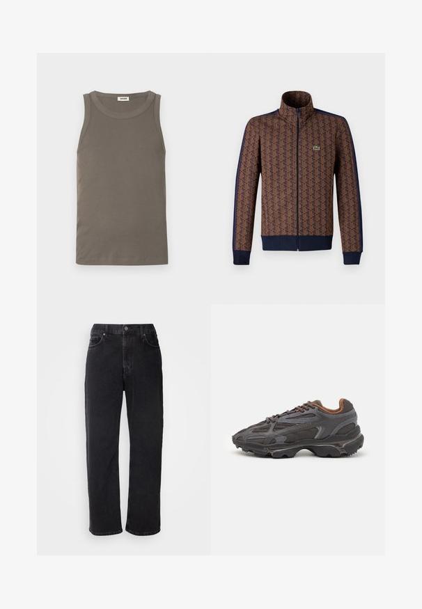 Braune Zip-Jacke mit geometrischem Muster, marineblauen Seitenstreifen, hohem Kragen und kleinem grünen Logo auf der Brust.; Hellbraunes geripptes Tanktop mit rundem Ausschnitt, ärmellosem Design und geradem Saum. Hergestellt aus weichem, dehnbarem Stoff.; Schwarze Jeans aus Denim mit geradem Schnitt, fünf Taschen und kontrastierenden Nähten. Verfügt über einen Knopfverschluss und Gürtelschlaufen am Taillenbund.; Lacoste Sneaker in Dunkelgrau aus Mesh und Synthetikmaterial, mit einer strukturierten Sohle und braunen Akzenten am Kragen und Logo.