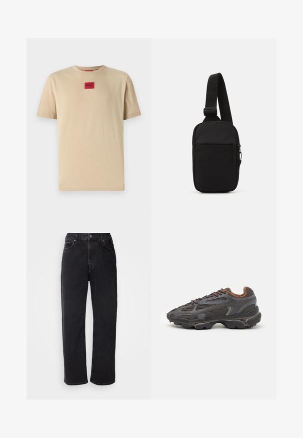 Brown zip-up jacket featuring a geometric pattern, navy blue side stripes, high collar, and a small green logo on the chest.; Beige cotton T-shirt with a relaxed fit, featuring a small red "HUGO" logo patch at the center and a classic crew neckline.; Black denim jeans with a straight cut, five pockets, and contrasting stitching. Features a button closure and belt loops on the waistband.; Lacoste sneakers in dark gray with mesh and synthetic material, featuring a textured sole and brown accents on the collar and branding.; Black crossbody bag made of durable fabric, featuring a single adjustable strap, a zippered main compartment, and a front pocket.