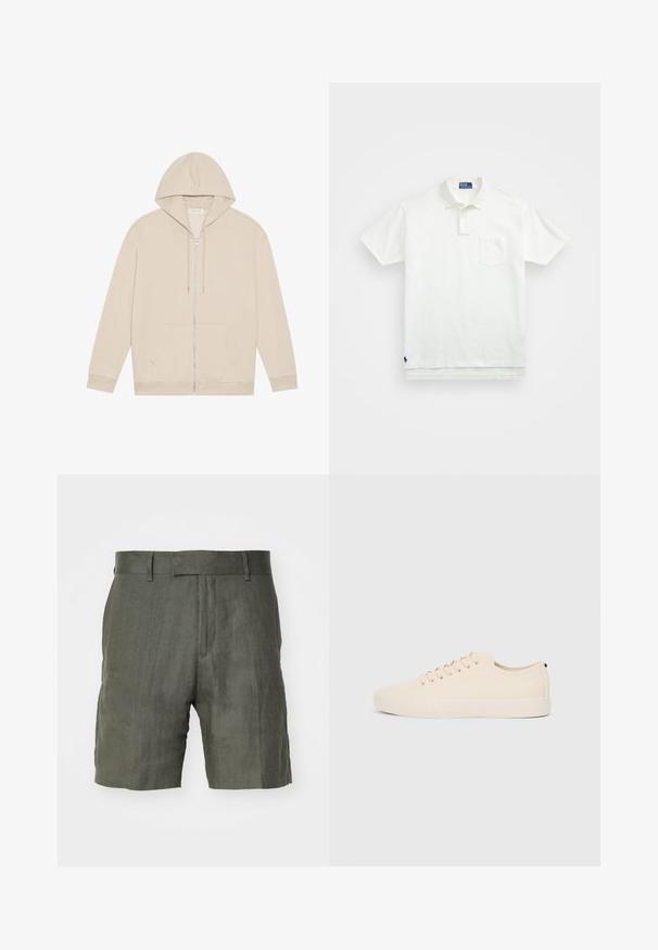 Beige zip-up mikina vyrobená z měkké bavlněné směsi, se přední kapsou typu "kangaroo", kapucí na stahování a žebrovanými manžetami a lemem.; Bílá polo košile vyrobená z bavlny, s klasickým límcem, tříknoflíkovou légou a kapsičkou na levé straně hrudi; malá nášivka na lemu.; Olivově zelené lněné šortky se strukturovaným pasem, plochým předním dílem a bočními kapsami. Texturovaná tkanina s uvolněným střihem, sahající po střední stehna.; Béžové plátěné tenisky s kulatou špičkou, plochou gumovou podrážkou a šněrováním vpředu. Mají minimalisticý design a kontrastní černý akcent na patě.