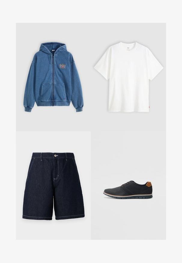 Mėlynas zip-up džemperis, pagamintas iš minkštos džinsinio audinio, su dviem priekinėmis kišenėmis, kapuce ir maža siuvinėta logotipo detalė ant krūtinės.; Baltas trumpas rankovės marškinėlis, pagamintas iš medvilnės, su apvalia iškirpte. Priekyje yra subtilus iškilus logotipas ir raudonas etiketas ant apačios.; Tamsūs džinsiniai šortai su tiesiu kirpimu. Yra sagos uždarymas, priekinės kišenės ir kontrastingos baltos siūlės aplink kraštus.; Juodi sintetiniai batai su tekstūruotu paviršiumi, lygiomis detalėmis, ruda kulna ir kontrastingu padu. Yra minimalus raištelių užsidėjimas ir siuvimo detalės.