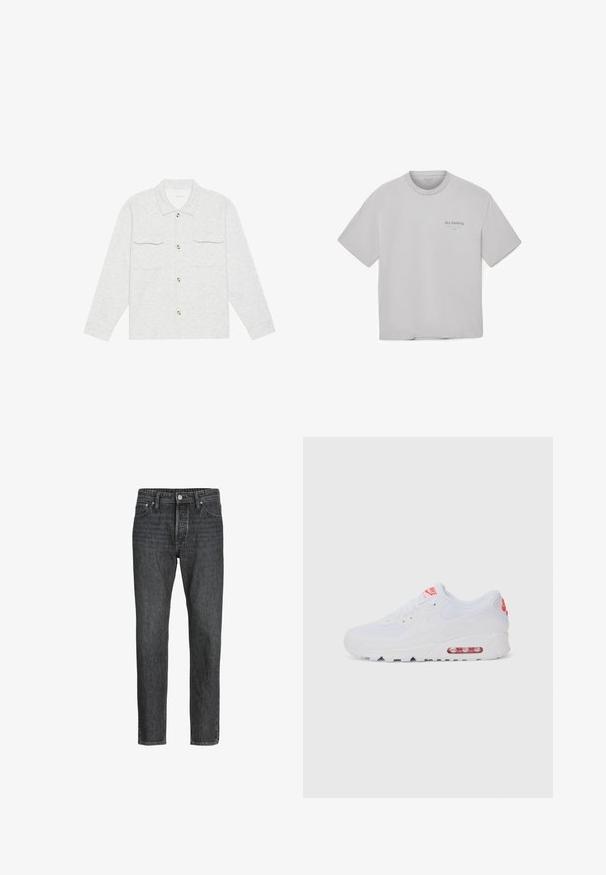 Chemise boutonnée gris clair en tissu texturé, dotée de deux poches poitrine et d'un col classique, avec des boutons en bois comme accents.; T-shirt en coton gris avec un col rond, des manches courtes et un petit logo imprimé sur la poitrine gauche. Texture lisse, coupe décontractée.; Jean en denim noir avec une coupe droite, comporte cinq poches, une fermeture à bouton et à glissière à l'avant, et des détails de couture subtils.; Baskets de sport blanches avec une tige lisse, un système de laçage, une semelle rembourrée et une unité d'air visible avec des accents rouges sur le logo.