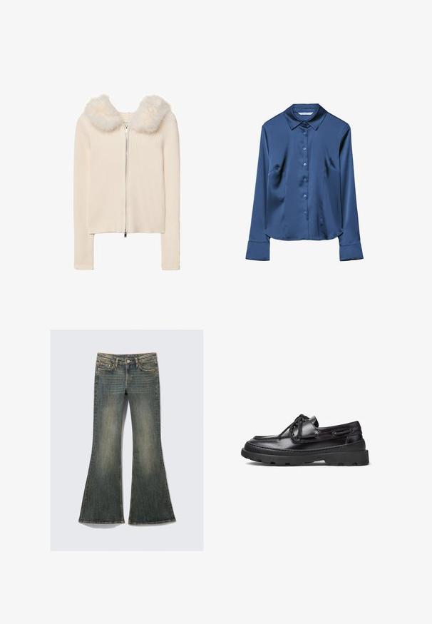 Gestreifter cremfarbener Cardigan mit Reißverschluss und einem weichen Kunstfellkragen. Lange Ärmel und ein taillierter Schnitt unterstreichen das elegante Erscheinungsbild.; Navyblaues Satinhemd mit langen Ärmeln, Kragen, vorderer Knopfleiste und seitlichen Taschen. Glatte Textur und taillierte Passform.; Ausgestellte Jeans aus Denim in einem blassen Blauton mit einem klassischen Fünf-Taschen-Design, das eine leichte Textur und sichtbare Nähte aufweist.; Schwarze Lederbootsschuhe mit runder Zehenpartie, Schnürdesign, gesteppten Akzenten und einer stabilen Gummisohle mit einem strukturierten Grip-Muster.