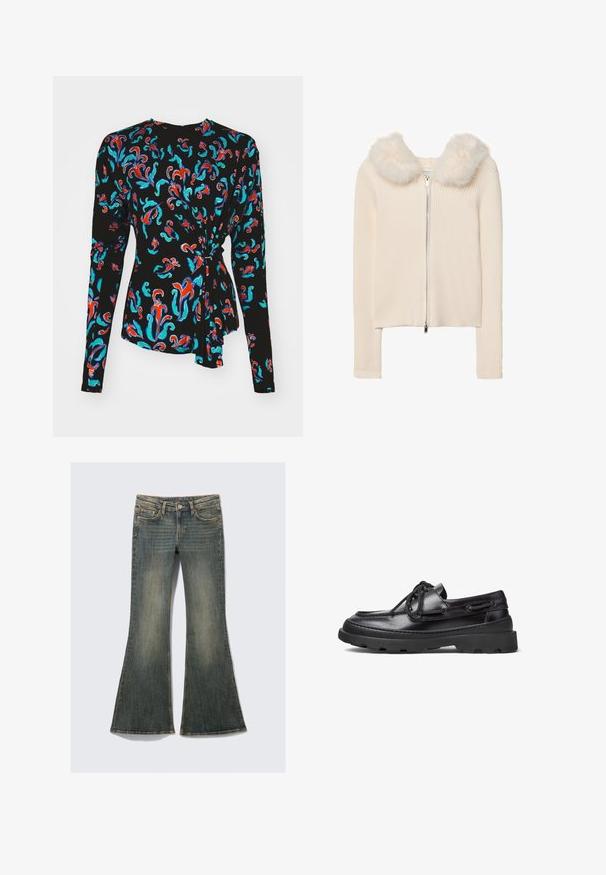 Rebrasti kremasti kardigan sa zatvaračem, s mekim ovratnikom od umjetnog krzna. Dugi rukavi i prilagođeni dizajn poboljšavaju njegov sofisticirani izgled.; Crna majica s dugim rukavima koja ima šareni cvjetni uzorak u crvenoj, tirkiznoj i plavoj boji, s čvorastim naglaskom u struku.; Razflare traperice u izblijedjelo plavoj boji s klasičnim dizajnom od pet džepova, s blagom teksturom i vidljivim šavnim detaljima.; Crne kožne brodske cipele s zaobljenim prstima, vezivanjem, šivanim detaljima i debelim gumeni potplat s teksturiranim uzorkom za bolje prianjanje.
