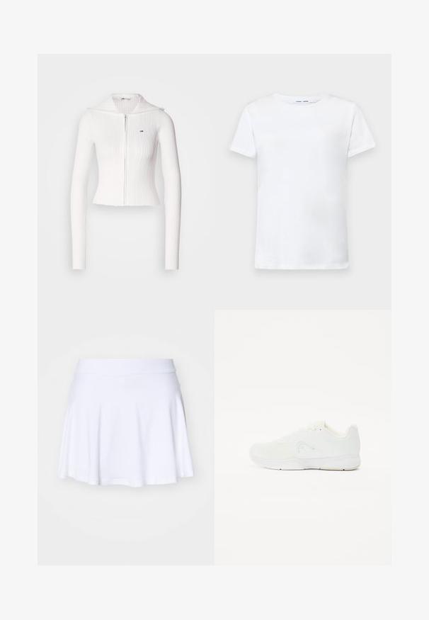 Fehér, bordázott, zipzáras pulóver hosszú ujjakkal és hajtott gallérral. A bal mellen egy kis logó található. Rövidített kialakítás.; Fehér, rövid ujjú póló, pamutból készült, kerek nyakkivágással. Sima textúrájú, egyenes vonalú, minta vagy díszítés nélkül.; Fehér korcsolyás szoknya puha, nyújtható anyagból, széles derékpánttal. Cipzár nélküli, bővülő fazon és sima szegély jellemzi.; Fehér sportcipő hálós felsőrészsel, fűzős kialakítással, lekerekített orral és minimalista márkázású, texturált gumitalppal.