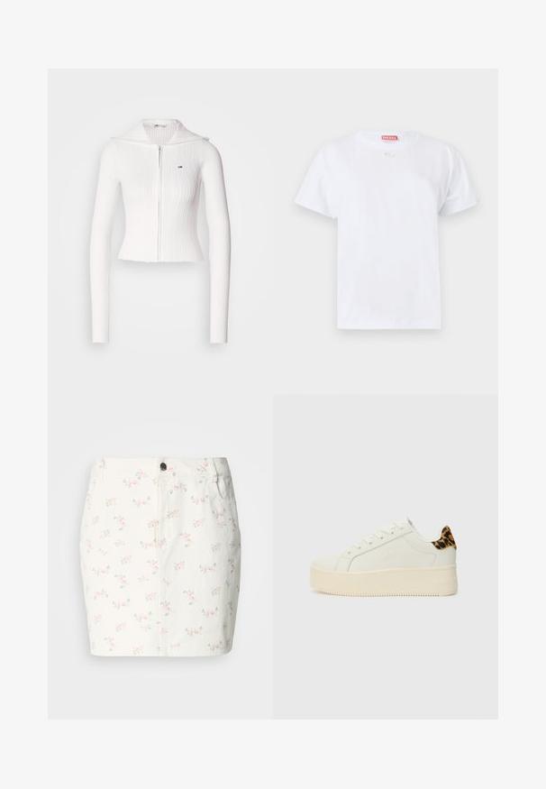 Balts ribēts adīts džemperis ar rāvējslēdzēju, garajām piedurknēm un locītu apkakli. Uz kreisā krūts ir neliela logo. Īsāks dizains.; Balts kokvilnas T-krekls ar īsām piedurknēm, apaļu kakla izgriezumu un mazu logotipu uz krūtīm. Vienkāršs dizains, gluda tekstūra un taisna maliņa.; Balta denima svārki ar ziedu rakstu rozā un zaļā krāsā, ar priekšējo pogu aizdari un sānu kabatām. Īsā garuma dizains.; Tommy Jeans Sporta apavi - off white/silver-coloured